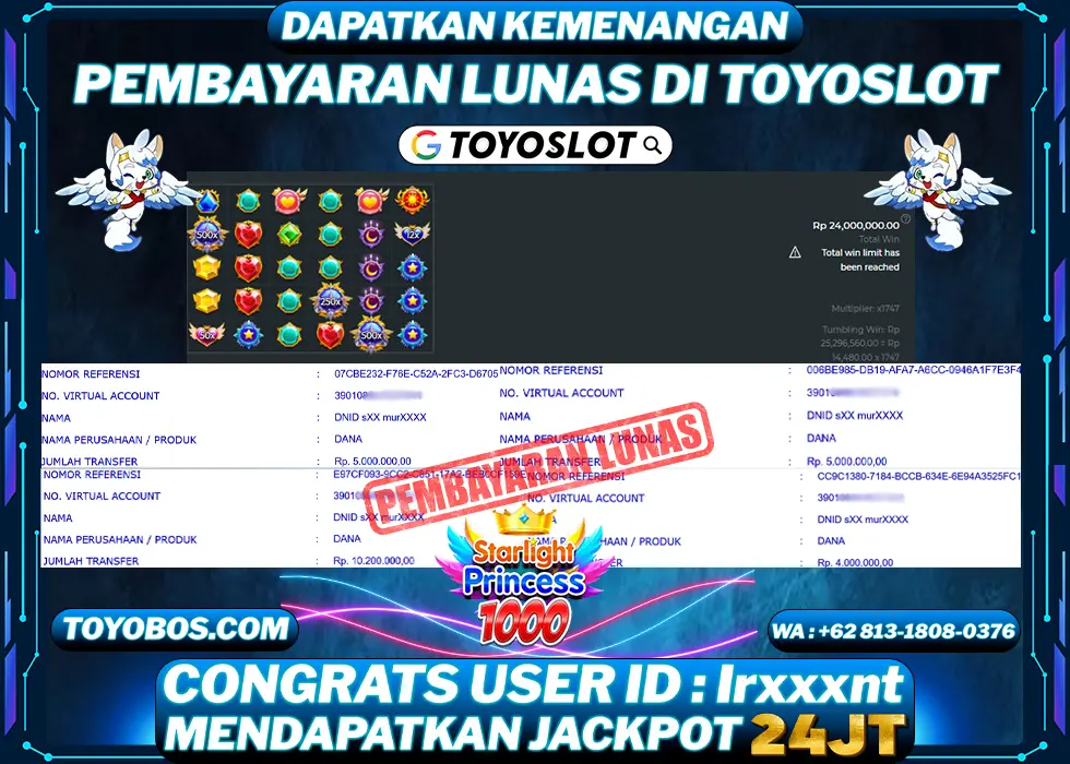 TOYOSLOT - BUKTI KEMENANGAN Starlight Princess 1000x Rp24,000,000,- LUNAS